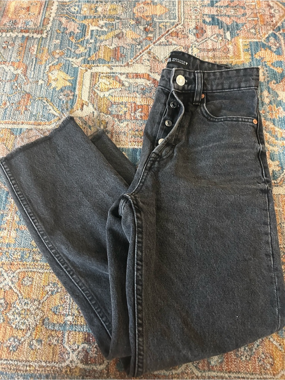 Zara High-Waisted Black Raw Hem Button-Fly Jeans